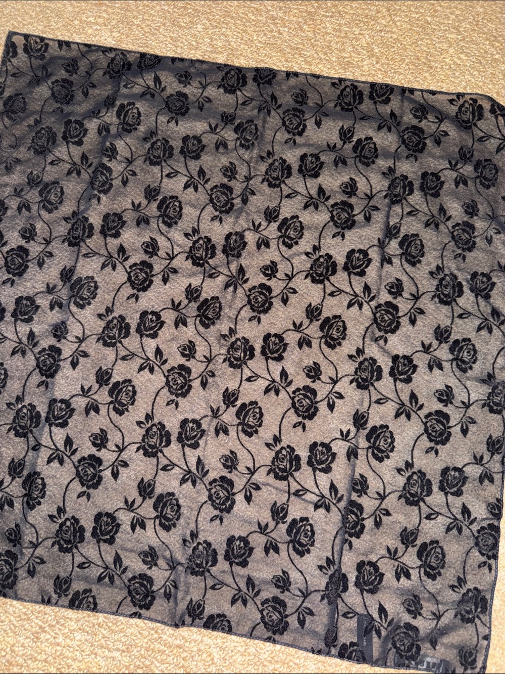 Sheer Black Velvet Rose Square Scarf